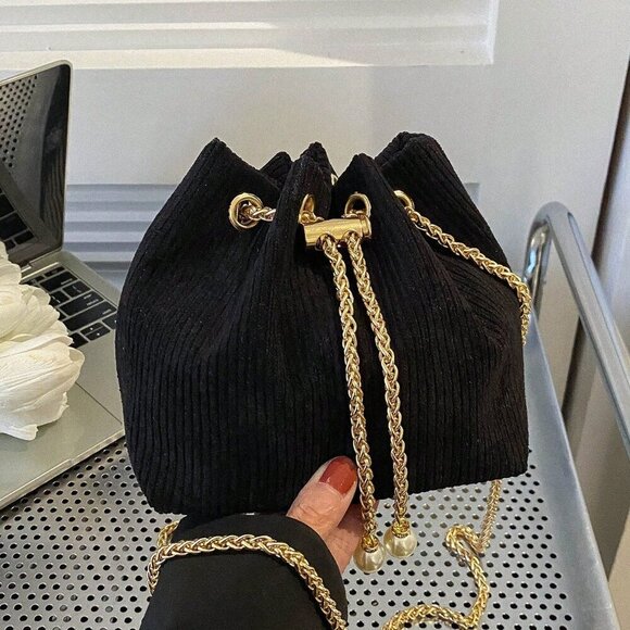 Black Fashionable Women's Chain & Faux Pearl Decor Bucket Bag Polyester - Picture 1 of 6